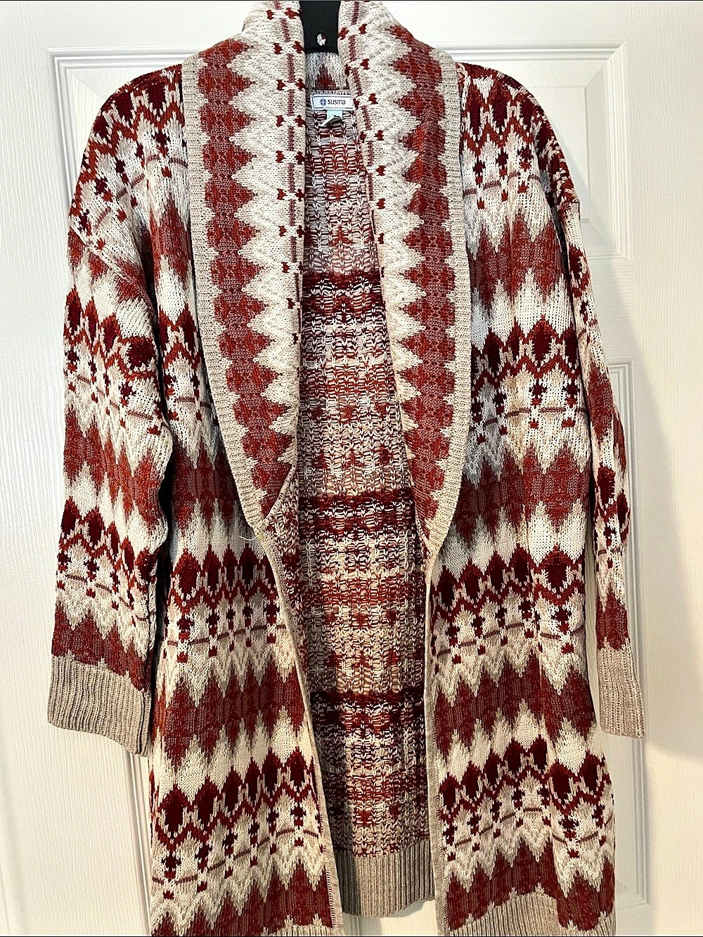 SUSINA Geometric Cardigan in Red & Cream Size Medium NWT